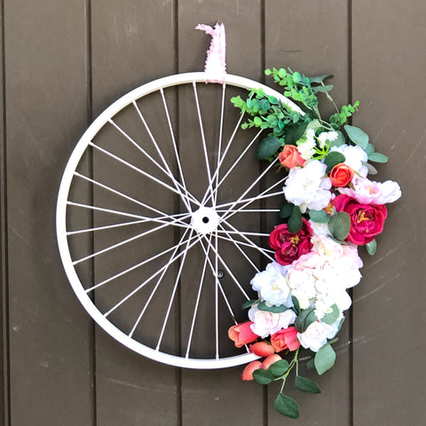 Vintage Chic White Bicycle Wheel Wreath