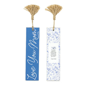 Two bookmarks with tassels, one blue and one with floral design, on a white background.