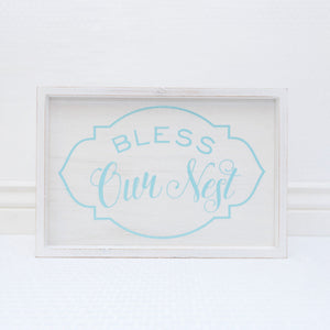 Bless Our Nest Wood Framed Sign in White and Blue