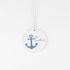 3" x 3" Wine Bottle Charm - "My Anchor" White & Blue / Grey
