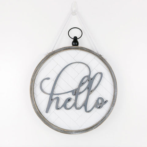 14" x 14" Reversible Wood Hanging Frame Sign - "Hello" White & Grey | Round We Go Collection