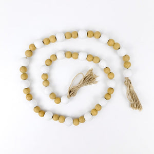 Bamboo Wood Bead Garland with Tassels - White & Amber