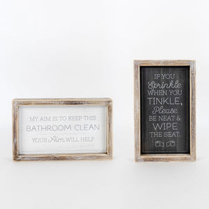 Reversible Wood Frame Bathroom Sign - Tinkle/Aim