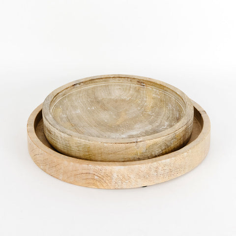 Round Mango Wood Nesting Trays - Set of 2 (10" & 12") - Natural & White | Mango Wood Collection