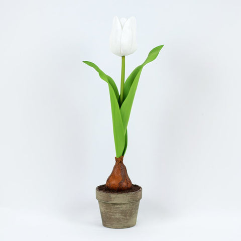 16" Faux Potted Tulip Arrangement - Green, White & Brown