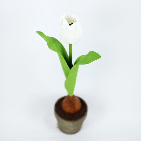 16" Faux Potted Tulip Arrangement - Green, White & Brown
