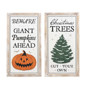 Reversible Wood Framed Seasonal Sign - Pumpkins & Christmas Trees