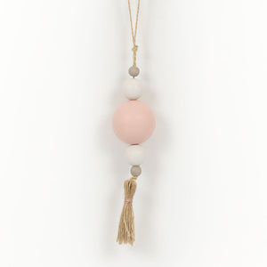 Wood Bead Ornament with Tassel - Pink, White & Gray