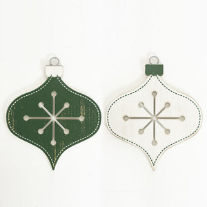 Mid-Century Christmas Teardrop Wood Ornament - White & Green