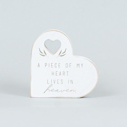 4" x 4" Chunky Wood Shape "A Piece Of My Heart Lives In Heaven" - White & Grey