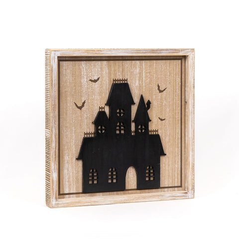 13" x 13" Reversible Framed Wood Wall Art (HAUNTED/CASTLE) - Multicolor