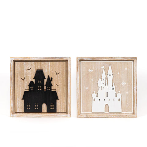 13" x 13" Reversible Framed Wood Wall Art (HAUNTED/CASTLE) - Multicolor