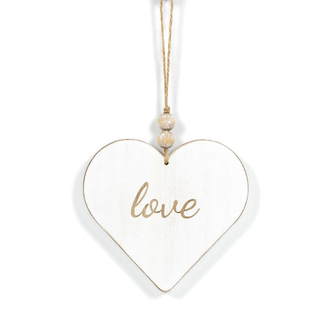 5" x 6" Reversible Wood Hanging Ornament - Love / Heart - White/Natural