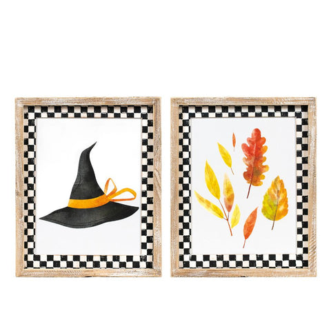 10" x 13" Reversible Witch Hat & Autumn Leaves Framed Wood Wall Art (HAT/LEAF) - Multicolor