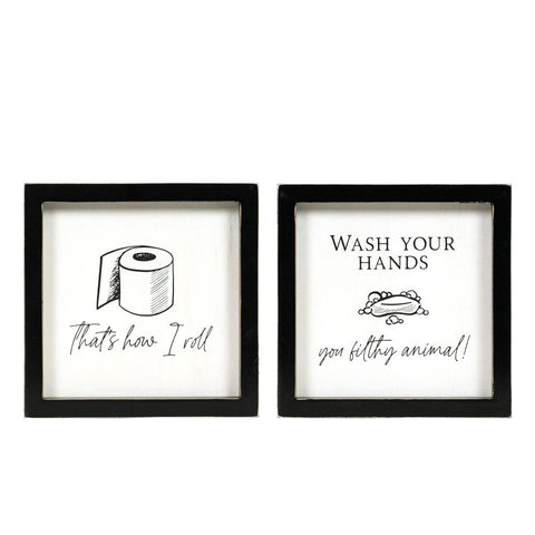 7" x 7" Reversible Bathroom Wood Frame Sign - White/Black
