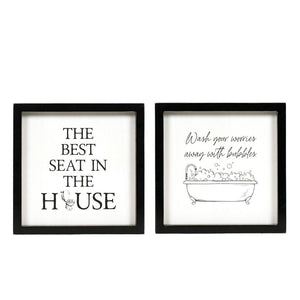 9x9 Reversible Bathroom Wood Sign - Wash Your Worries/Best Seat