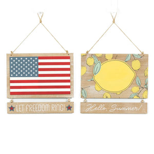 Reversible Hanging Wood Sign – “LET FREEDOM RING” / “HELLO SUMMER” (12x10x0.5)