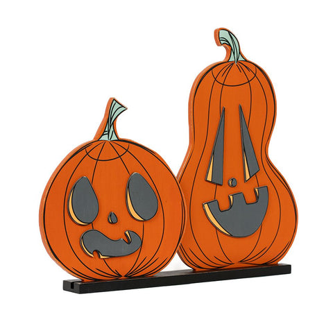 19" x 16" Reversible Wood Double Pumpkin Cutout Tabletop Decor on Base (PUMPKINS) - Multicolor