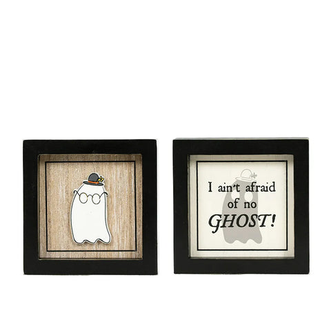 Reversible Framed Wood Sign (GHOST/AFRAID) - Black/Natural/White