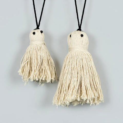 Set of 2 Tassel Ghost Ornaments (4" & 6") (GHOSTS) - White/Black