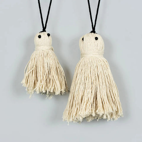 Set of 2 Tassel Ghost Ornaments (4" & 6") (GHOSTS) - White/Black