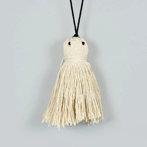 Set of 2 Tassel Ghost Ornaments (4" & 6") (GHOSTS) - White/Black