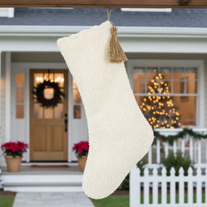 Cotton Christmas Stocking with Tassel - White & Brown